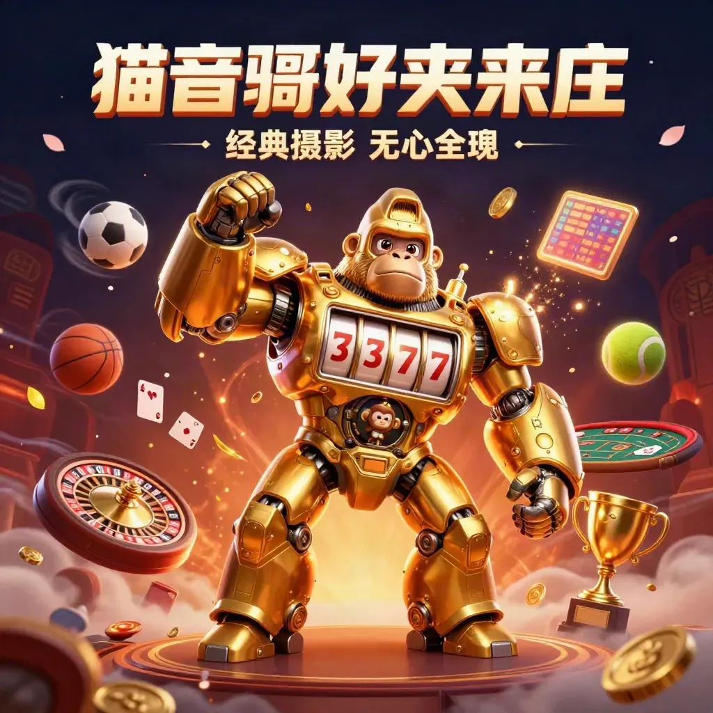 Golden gorilla mech with monkey pilot, casino symbols, sports balls, coins, and cinematic lights.