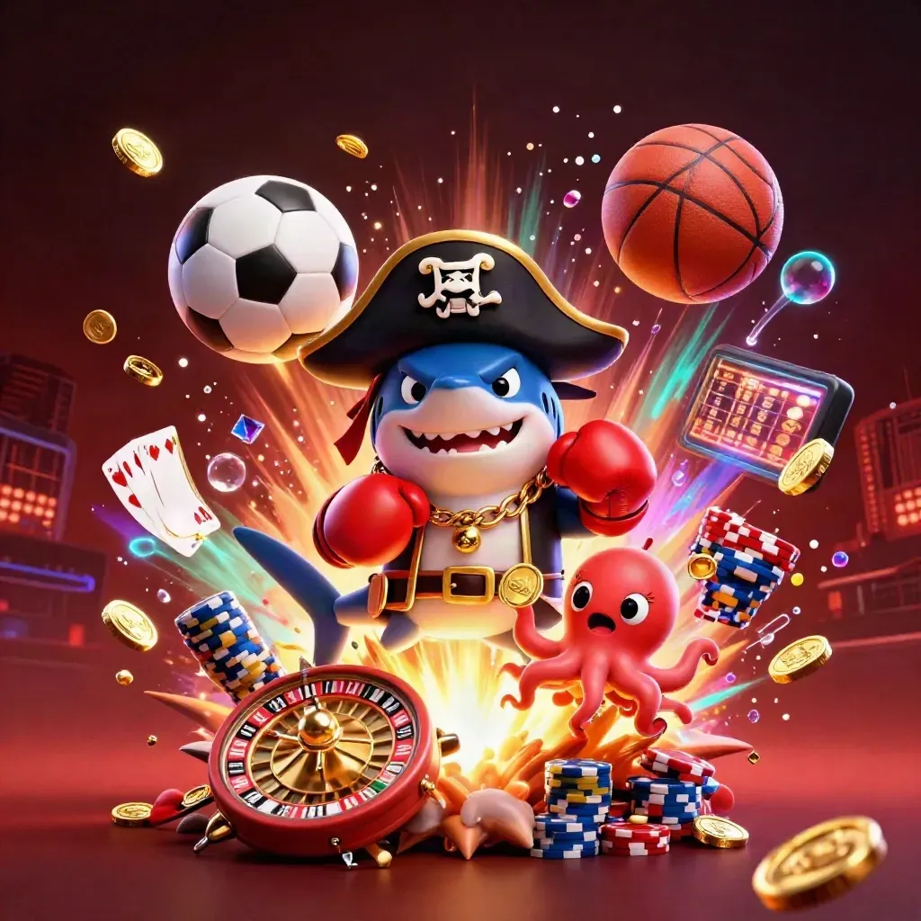 Pirate shark, pufferfish, and octopus amid casino coins, cards, and glowing sports balls.