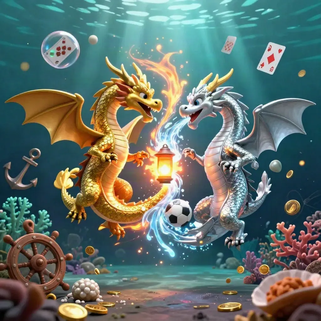 Gold and silver dragons clash over a treasure cove with sports balls, cards and glowing casino relics.