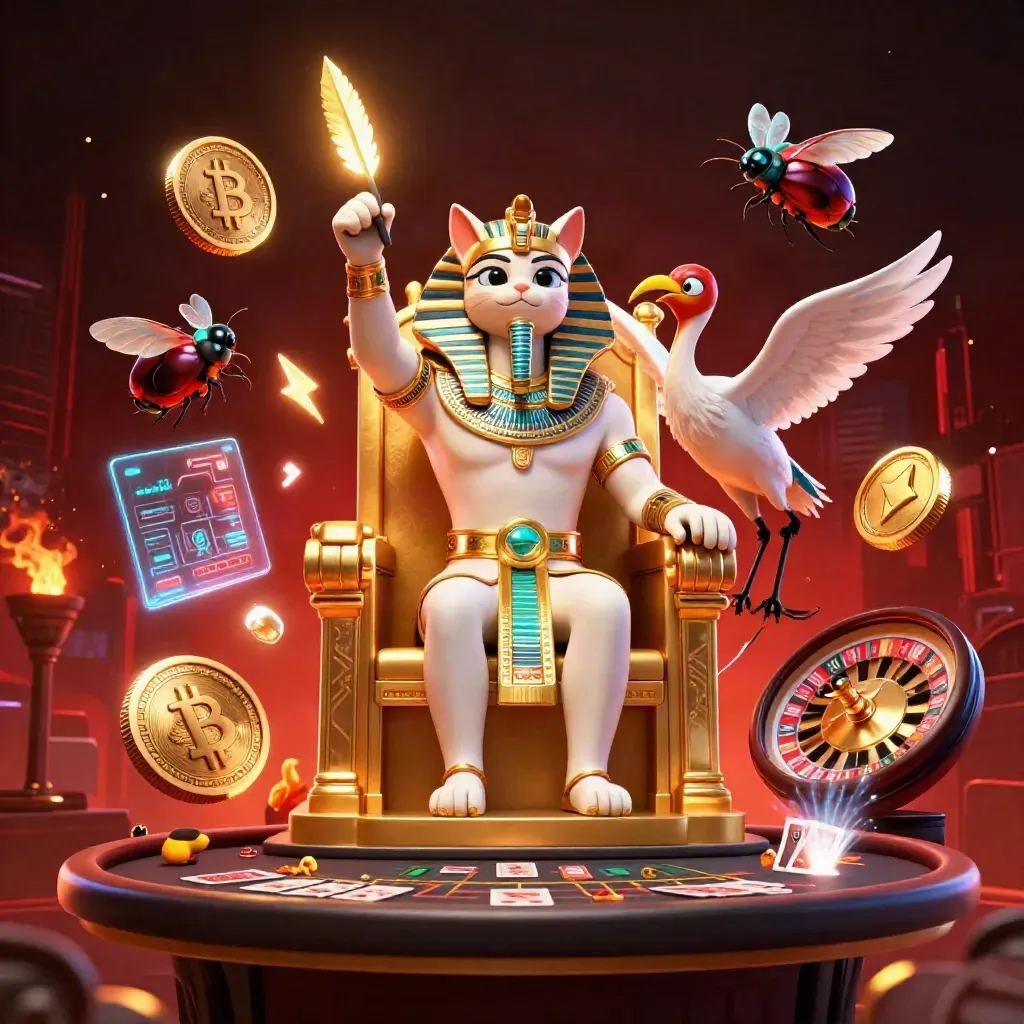 Pharaoh cat on gold throne with ibis scribe, scarabs, casino symbols, and glowing coin effects