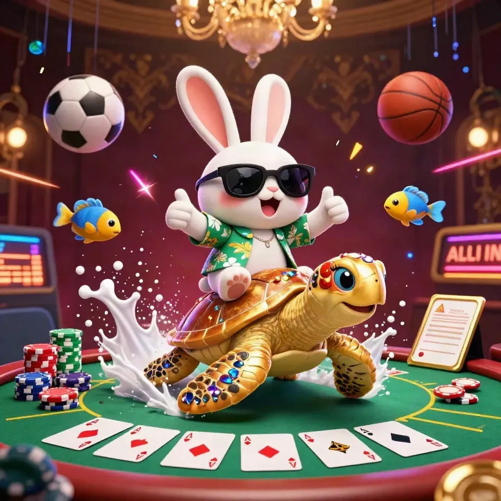 Lucky rabbit on golden turtle amid casino chips, cards, and glowing effects.
