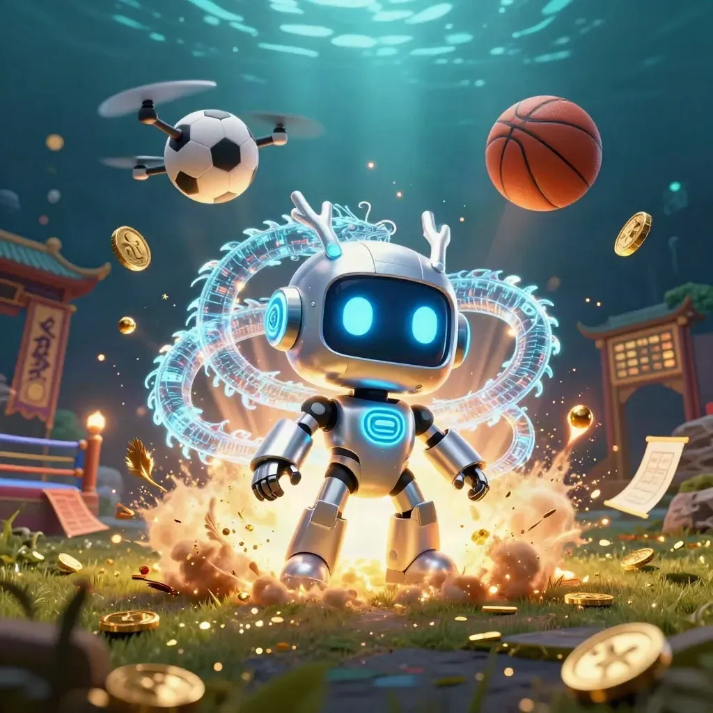 Cyberpunk robot, AI dragon and coin drone amid balls, coins and gold-lit casino debris.