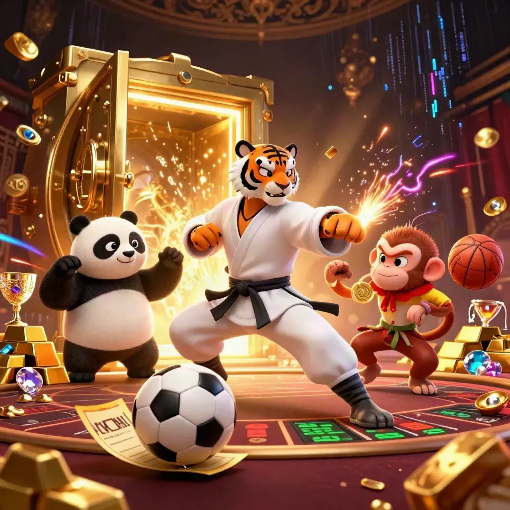 Kung-fu tiger, panda and monkey amid vault gold, balls and neon casino light