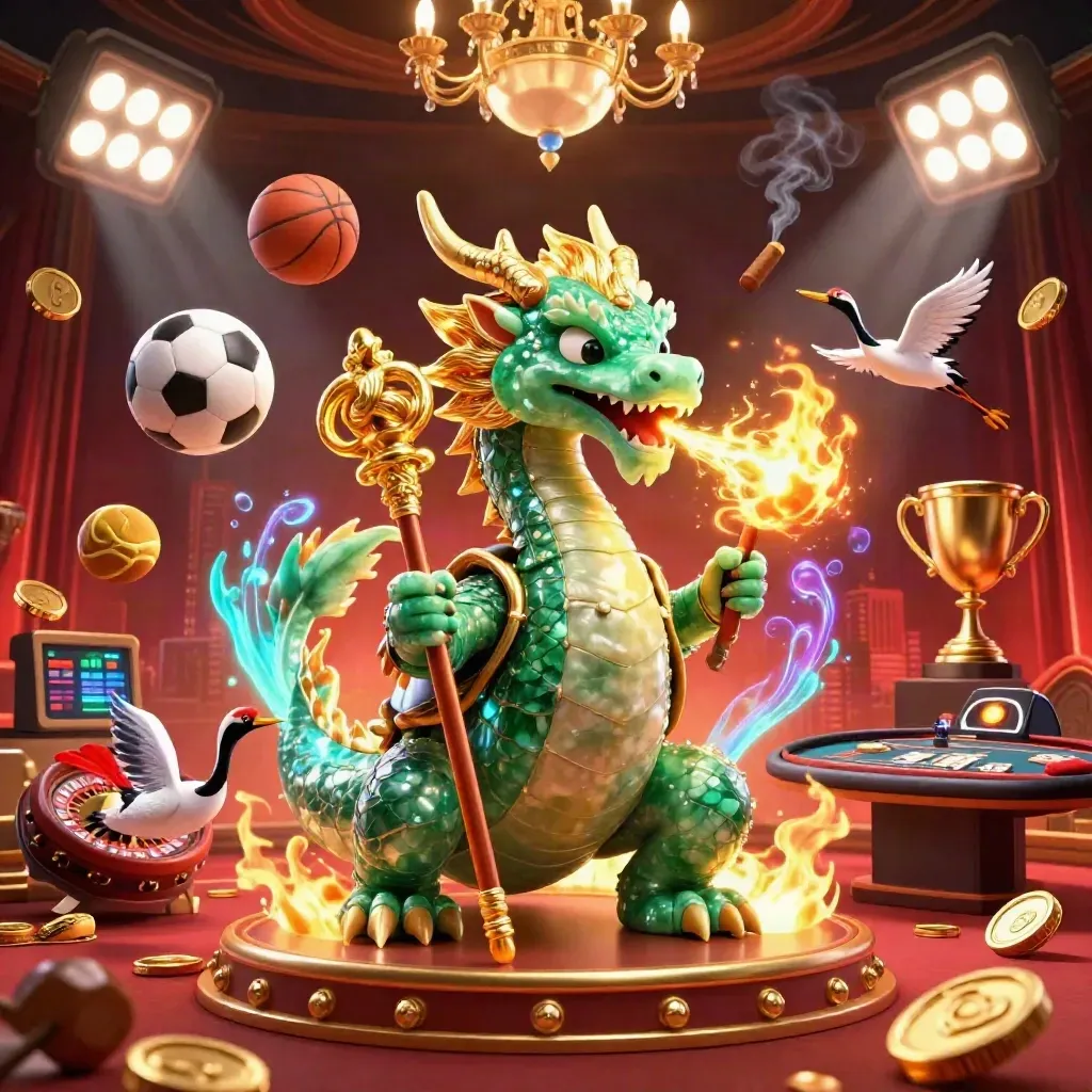 Jade dragon, turtle sage, and cranes amid a luxe casino room with gold and neon glow.