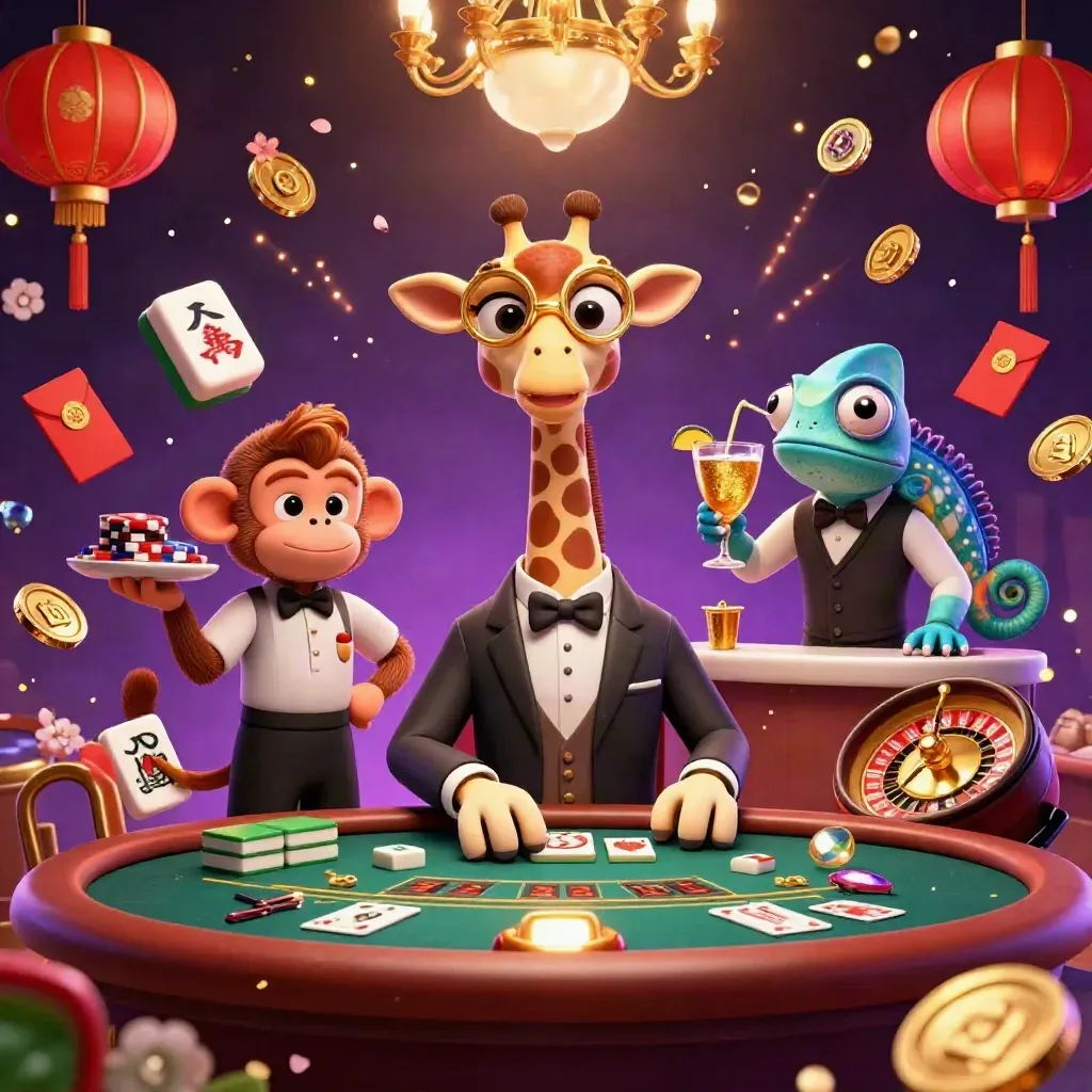 Cartoon giraffe, monkey, and chameleon in a luxe casino with glowing gold effects