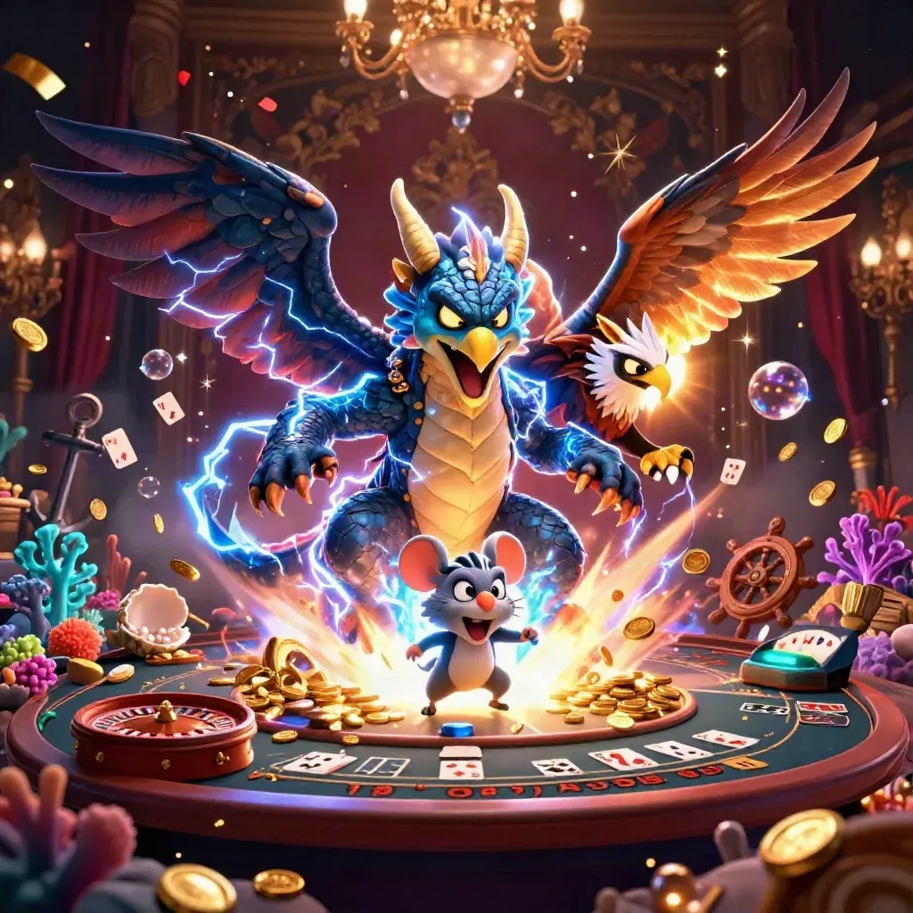 Thunder dragon, wind hawk, and crackling mouse amid casino treasure, coral, gold, and chandeliers