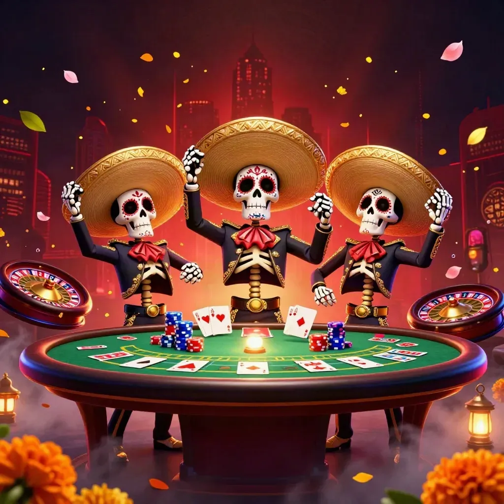 Day-of-the-Dead skeleton mariachi trio amid casino lights, chips, petals, and red skyline glow