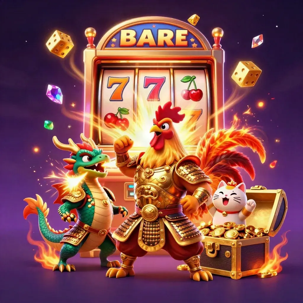 Rooster warrior, dragon hatchling and fortune cat amid exploding jackpot symbols and gold.