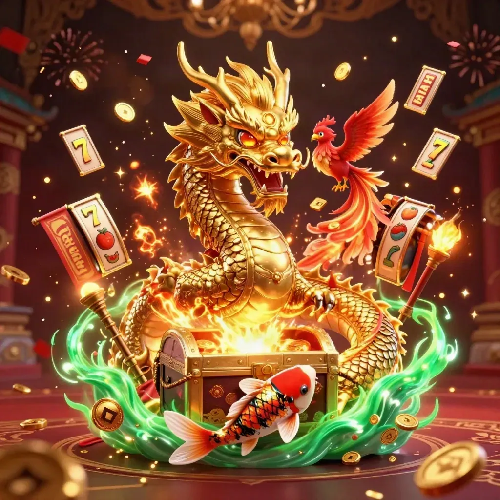 Golden dragon, phoenix and koi bursting from a treasure chest in luxe casino fantasy art.