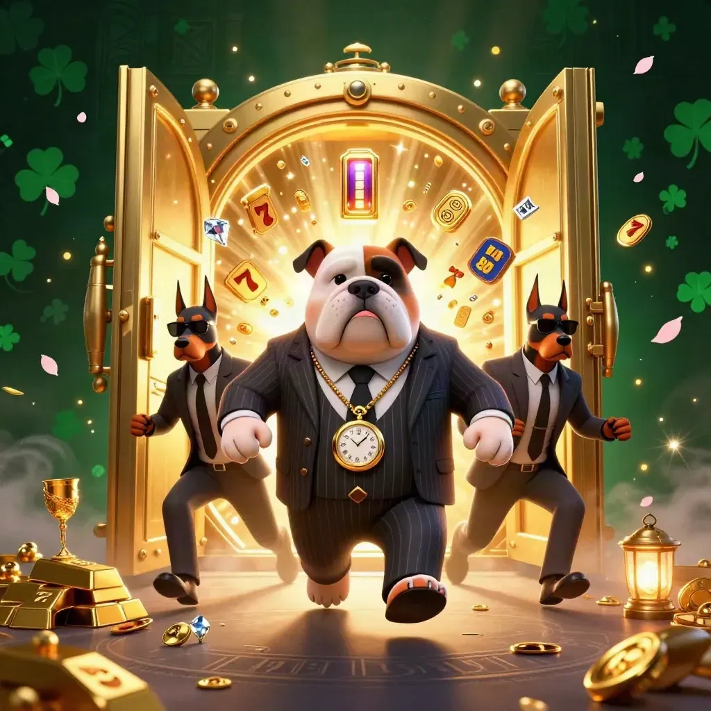 Bulldog boss and two Dobermans burst from a glowing gold vault amid gems, shamrocks, and emerald mist
