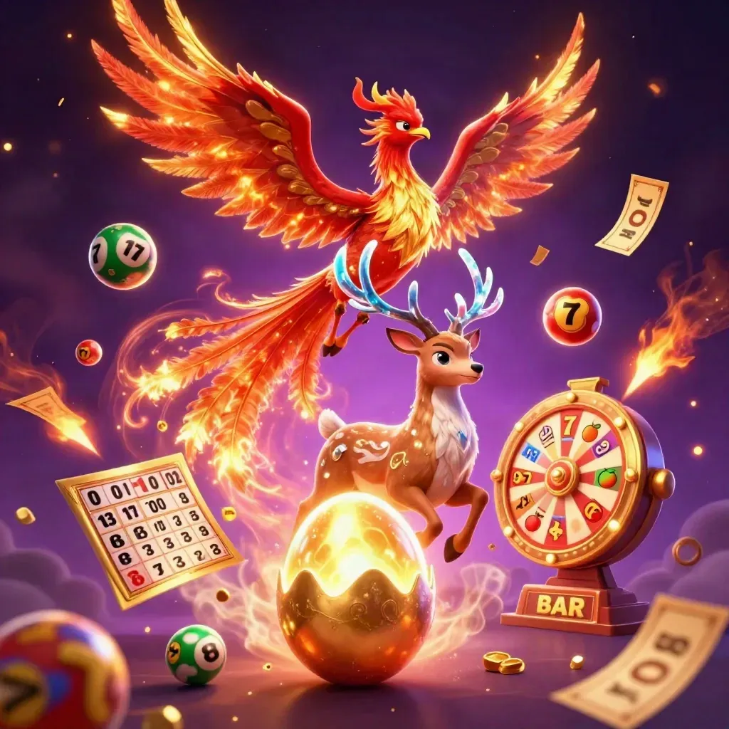 Phoenix, hatching chick, and crystal stag amid gold tickets, balls, and casino sparks.