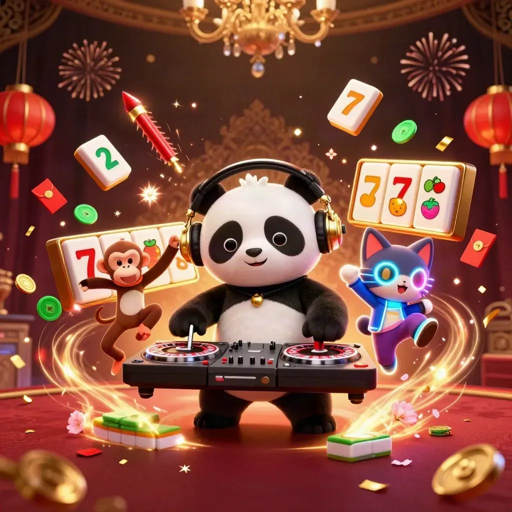 DJ panda, breakdancing monkey, and glow-stick kitten amid casino props and gold confetti.