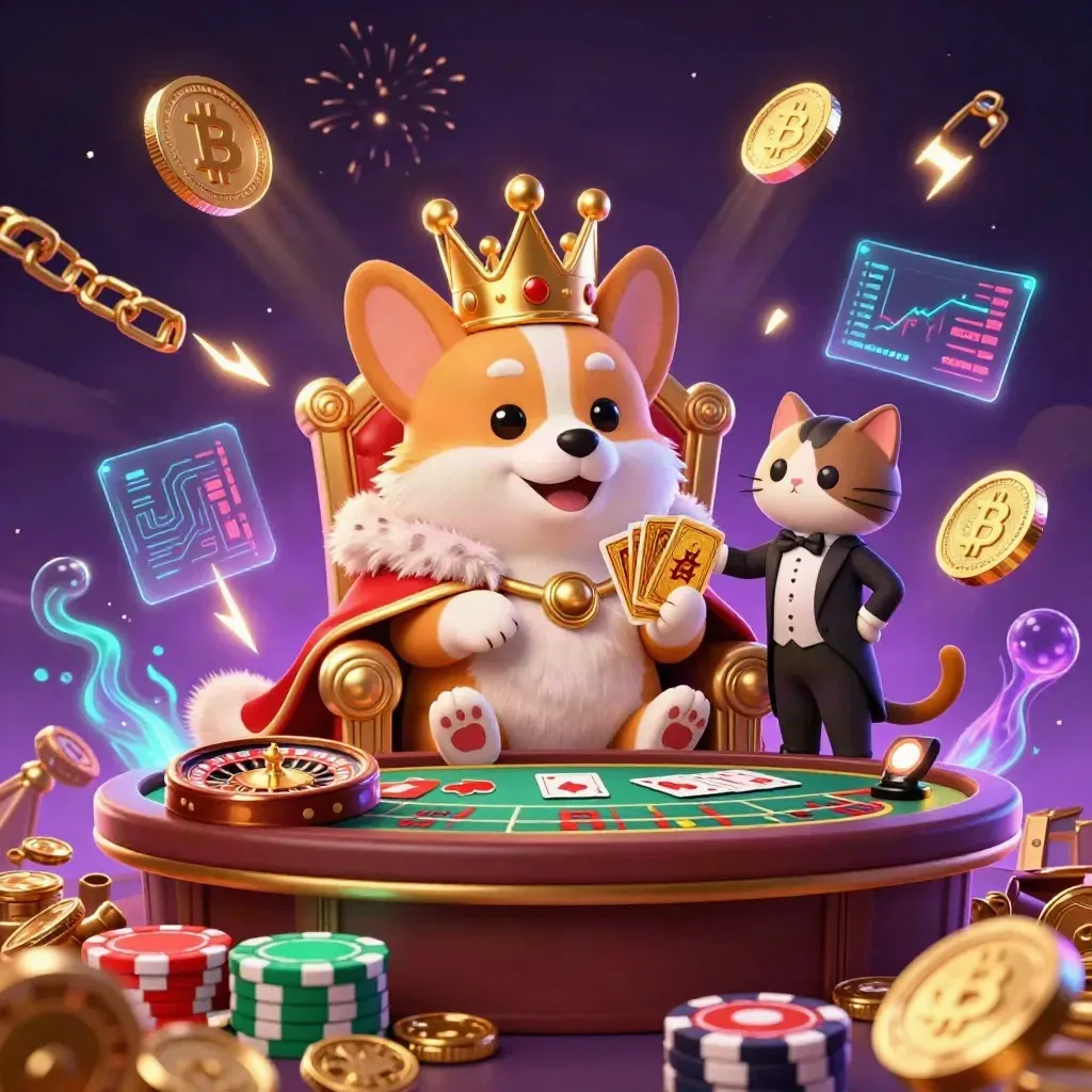 Royal corgi and cat butler amid casino treasure, coins, cards, and neon effects