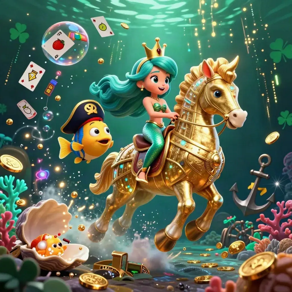 Mermaid princess on an armored seahorse with pirate fish amid glowing treasure, coins, coral, and casino effects.