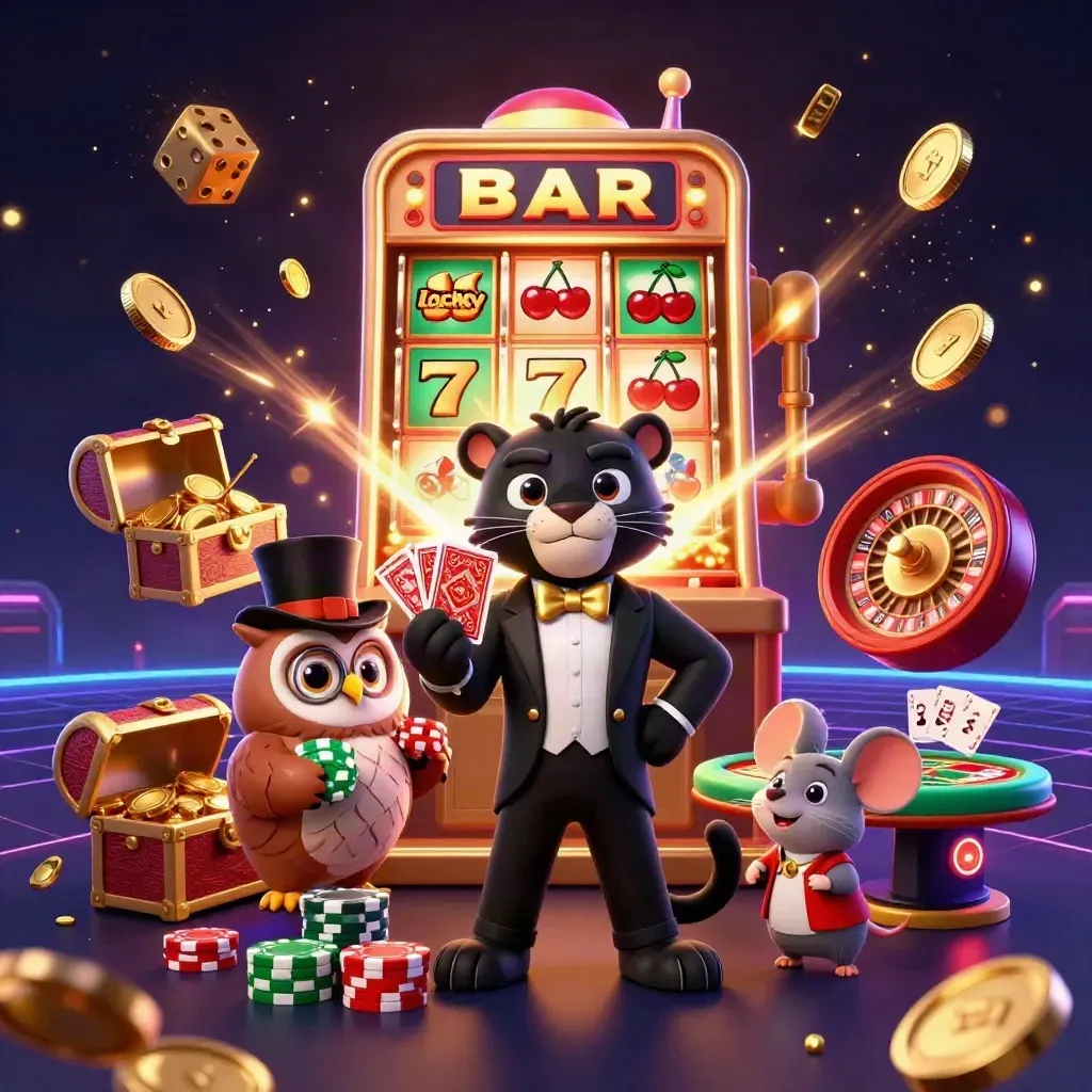 Panther, owl, and mouse amid jackpot blasts, gold coins, fireworks, and casino props.