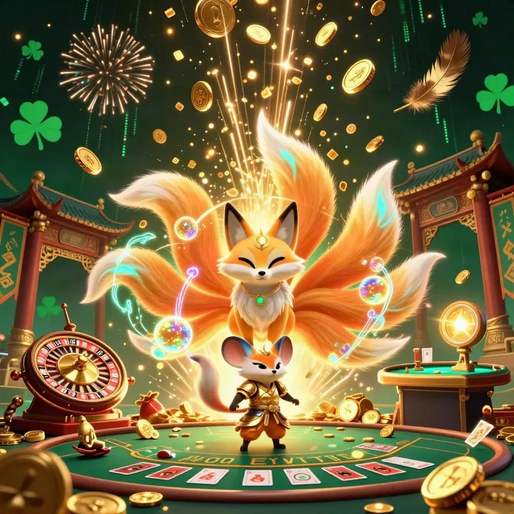 Fox spirit and armored mouse amid vault treasure, roulette, cards, and fireworks.