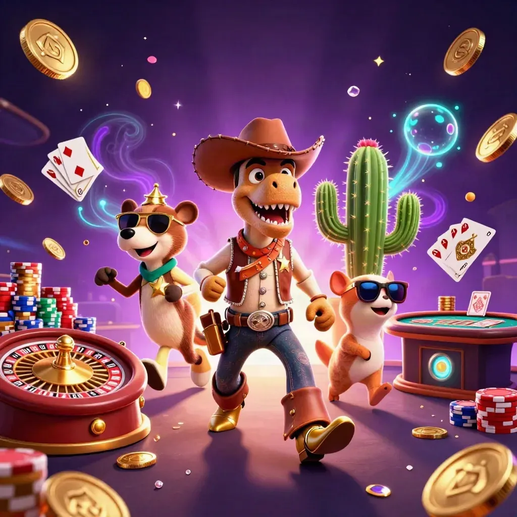 Cowboy T-Rex, cactus, and roadrunner amid coins, cards, chips, and casino lights.