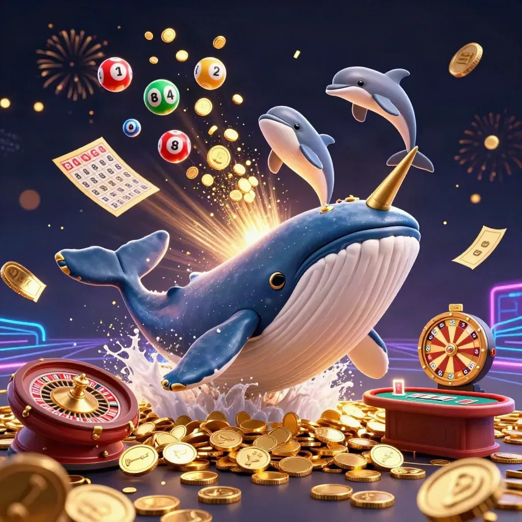 Whale, narwhal, and dolphins celebrate amid coins, jackpot props, and neon casino lights.