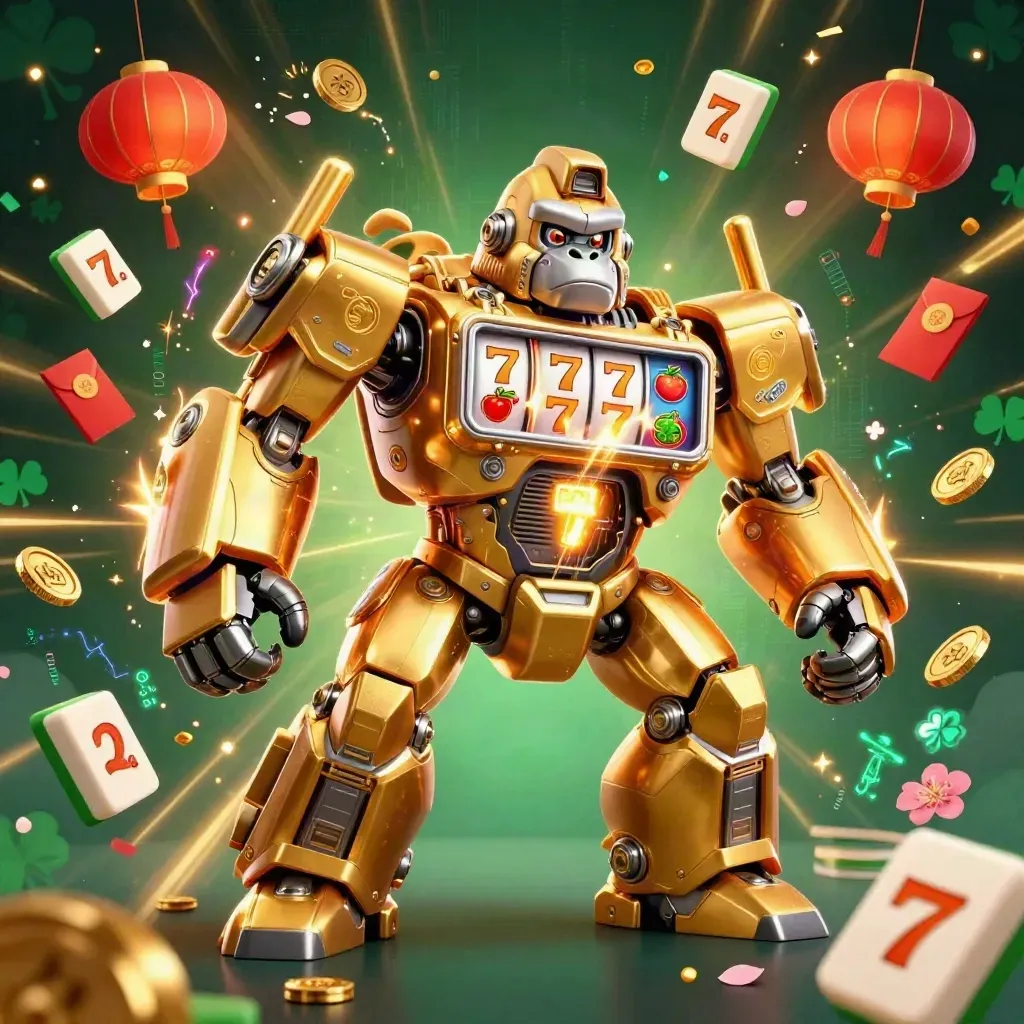 Golden gorilla mech with monkey pilot amid slot symbols, lanterns, coins, petals, and electric casino glow.