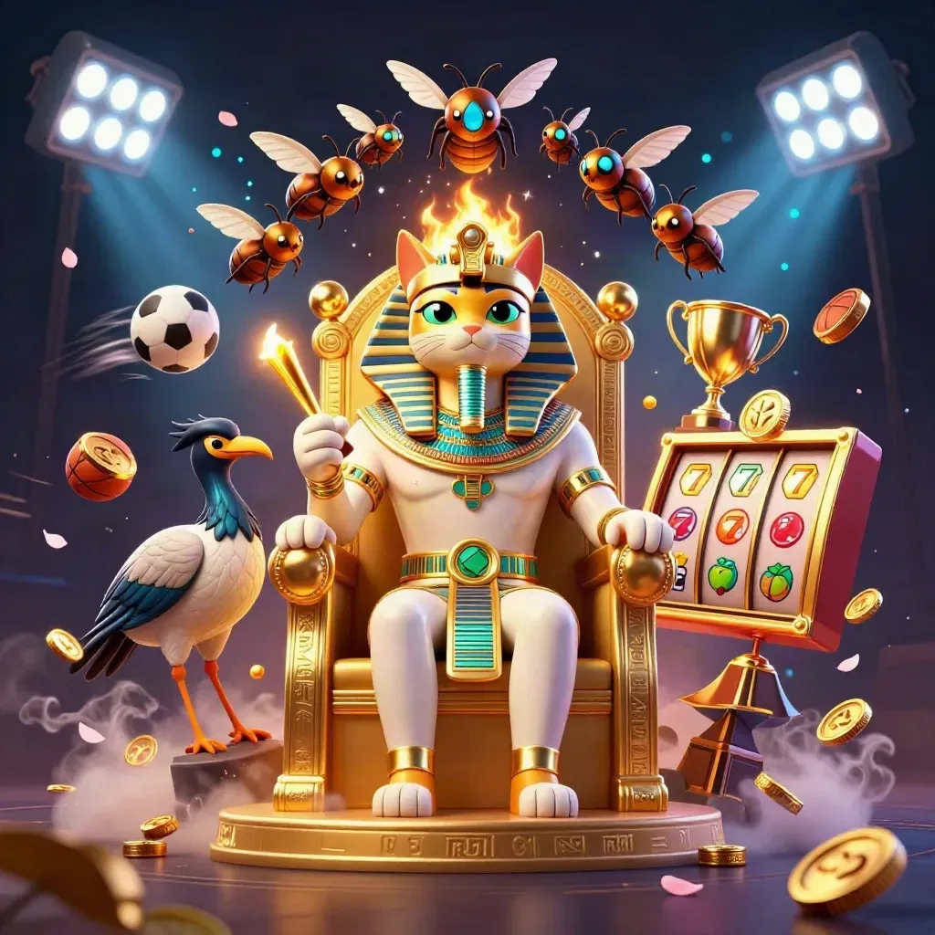Pharaoh cat on gold throne with ibis scribe and gem-wing scarabs amid casino bursts