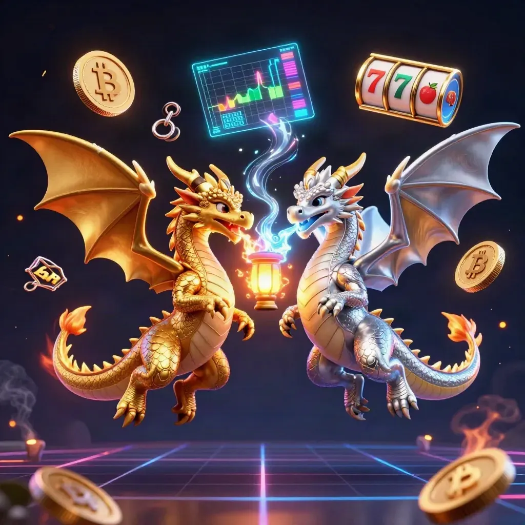 Twin gold and silver dragons spiral around a tiny lantern spirit amid neon casino symbols.