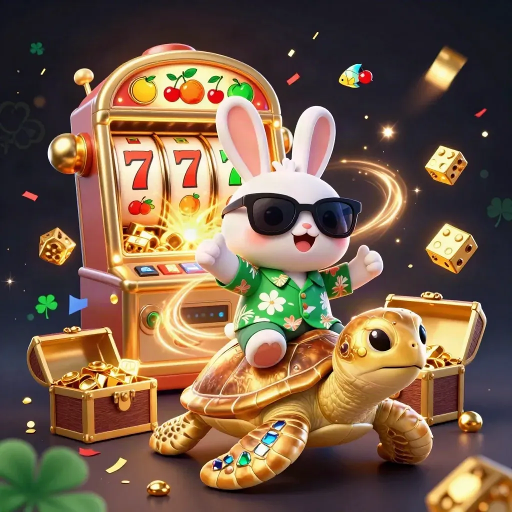 Lucky rabbit rides a gem turtle amid jackpot bursts, dice, reels, and gold confetti.
