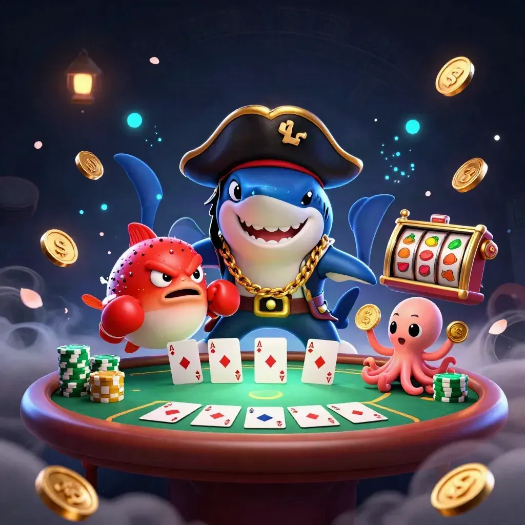 Pirate shark, boxing pufferfish, and coin-juggling octopus amid casino chips and reels.