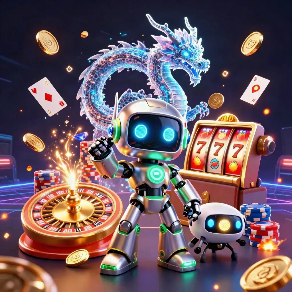 Cyberpunk robot, holographic dragon, and coin drone amid casino reels, chips, coins, and neon effects.